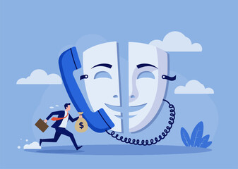  illustration of a masked businessman running with a money bag while holding a phone, symbolizing financial fraud, scam calls, and deceptive business practices, set against a blue background.