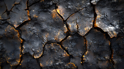 Cracked Earth Texture: Glowing Embers within Deep fissures of dark earth. A dramatic texture image featuring deep cracks in dark earth with glowing embers visible within the fissures.