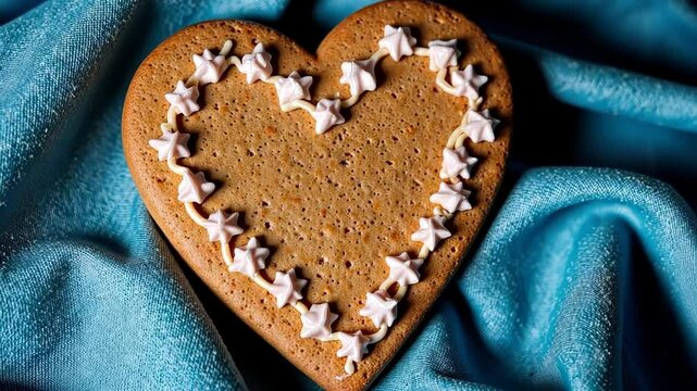 Heart-shaped cookie with cream decoration on blue fabric  