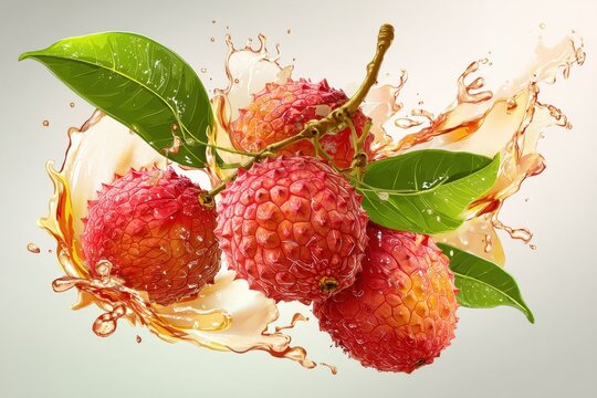 Lychee transformed into juice splatters on a clear backdrop Vector graphic