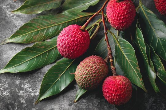 Lychee with foliage on a gray backdrop Tropical produce