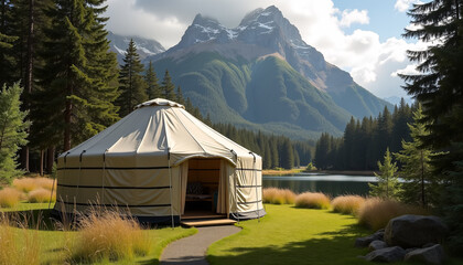 Well-maintained Yurt in Serene Natural Beauty against Mountain Range
