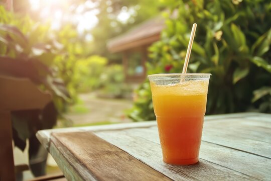 Lynchee blended peach juice in a plastic cup on the garden table for a refreshing summer beverage
