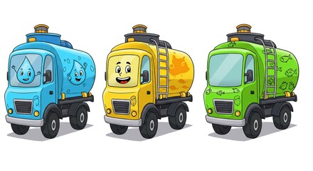 Happy Cartoon Tank Trucks Delivering Water and Fish
