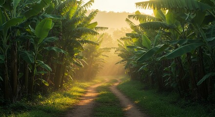 Scenic dirt path meandering through a lush banana plantation bathed in golden sunlight, creating a tranquil and idyllic atmosphere with vibrant green foliage.