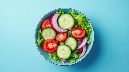Vegetable salad bowl with lettuce, cucumber, tomatoes, onions on light-blue background