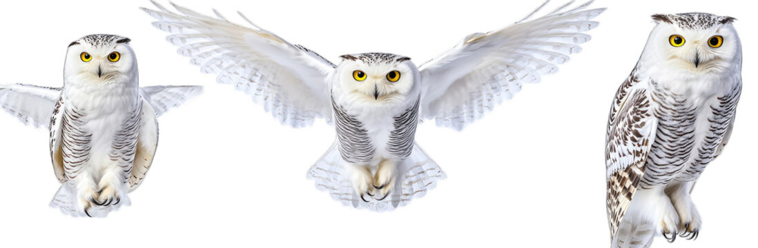 A captivating trio of snowy owls in mid-flight. showcasing their majestic wingspan against a clear background. symbolizing freedom and grace in nature - Powered by Adobe