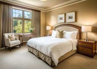Fototapeta premium Cozy bedroom with beige walls, bed, nightstands, lamps, paintings, window, and desk