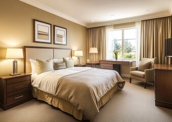 Cozy bedroom with beige walls, bed, nightstands, lamps, paintings, window, and desk