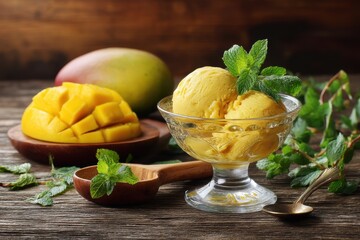 Mango pulp ice cream decorated with mint set on wood
