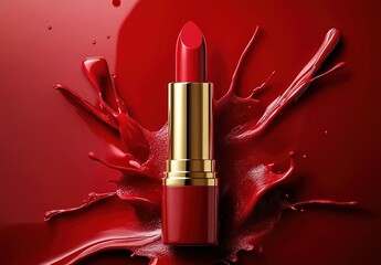 Close-up of bright red lipstick with golden cap splashing liquid on deep red background.