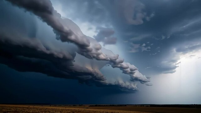 Dramatic storm clouds forming over a vast open landscape  