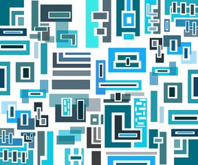 This image features a geometric abstract pattern consisting of various rectangular shapes and lines in shades of blue, cyan, and gray on a white background. The design resembles a series of circuits o