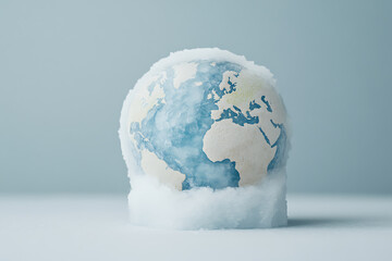 Frozen Planet: Earth encased in ice and snow, representing global warming and climate change. A visual metaphor for the environmental crisis.