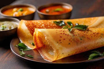 Masala dosa a South Indian dish comes with sambhar and coconut chutney