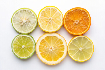 Assorted Citrus Fruit Slices – Lime, Lemon, Orange Close-Up on White