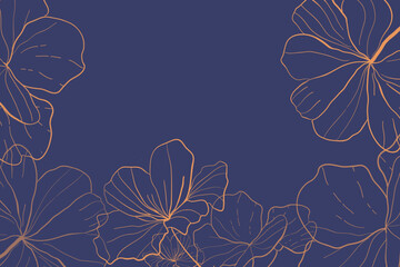 Wild Flowers line art background vector. Luxury abstract art background with artificial flowers, Gold leaves, eucalyptus, trending hydrangea and summer blooms. Botanical wedding wallpaper