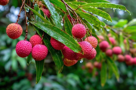 Mature lychees on trees in the orchard