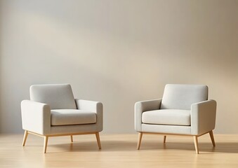 Light-beige armchairs on wooden floor with matching walls in minimalist interior.