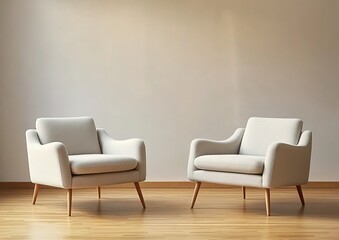 Light-beige armchairs on wooden floor with matching walls in minimalist interior.