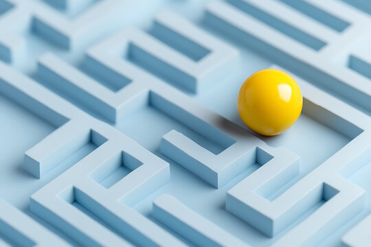 A bright yellow sphere stands out against a pale blue labyrinth, symbolizing problem-solving, strategy, and the pursuit of solutions in complex situations.