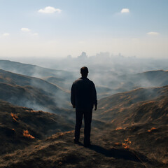 Fototapeta premium Adult man stands on a hill overlooking a hazy landscape with a distant city