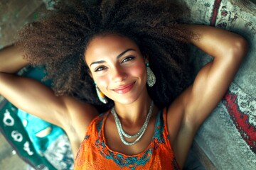 Fototapeta premium Commercial digital ads concept art art. Pretty happy mixed-race girl - for ads, media and online marketing marketing use. Long coiffure - afro hair. Colored hair styles concepts.