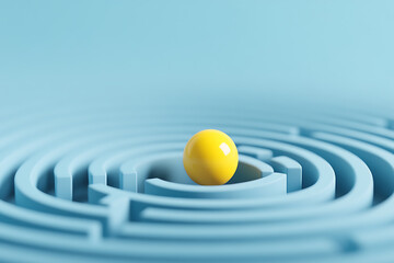Conceptual: Yellow ball navigates a light blue maze, representing problem-solving, strategy, or the challenge of finding a solution. Success concept.