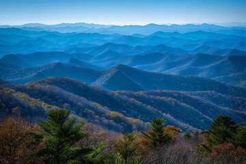 Endless mountain ridges layered into horizon under clear blue sky peaceful wilderness scene subtle light gradients