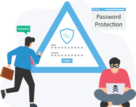 Businessman running or protecting password, preventing hacker attack or cyber intrusion, safeguarding login credentials or account information, securing data access or online privacy, defending