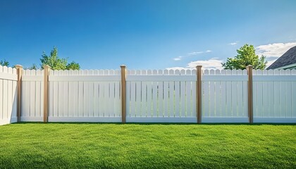 Manicured lawn with white-beige fence and trees under blue sky.