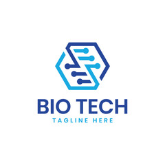 Biotechnology Logo mark design hexagonal shape with dna circuit design for lab biology research 