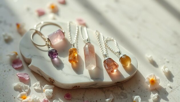 A selection of elegant necklaces featuring natural stone pendants, displayed on marble with soft petals and delicate sunlight. The scene evokes feelings of sophistication, beauty, and harmony.