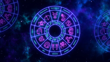 zodiac signs wheel neon lights space stars and nebula astrology , shiny stars night sky horoscope background