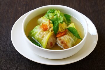 Minced pork and egg tofu soup with Chinese cabbage cabbage roll filled with seasoned minced pork carrot and glass noodles in a white bowl