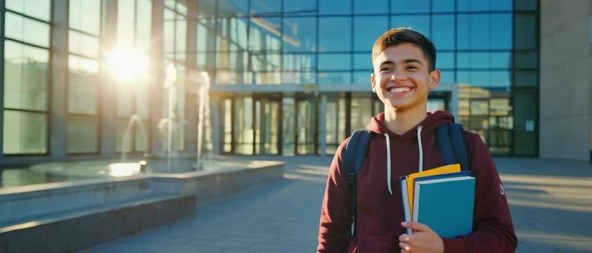 A teenage boy with backpack holds colorful notebooks while sunlight reflects off a modern university facade. Concept of bright aspirations and higher education opportunity.