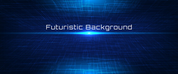 Futuristic digital background with abstract blue grid lines, glowing center light, and perspective depth. Ideal for technology, innovation, data, and sci-fi concepts.