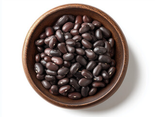 Fototapeta premium Black beans in a wooden bowl, isolated on white background, top view with clipping path.
