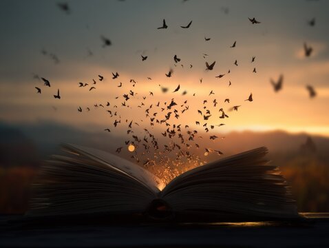 An open book with pages turning into birds flying away, against a sunset-lit surreal background