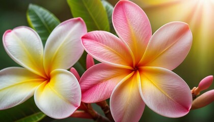 Fototapeta premium Plumeria Blossom Duo: Pink and Yellow Tropical Flowers