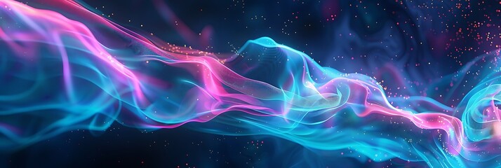Obraz premium A vibrant digital abstract of glowing neon waves in pink and blue, symbolizing fluid motion and energy in a dynamic design.