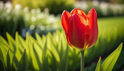 Vibrant Red Tulip in Spring Garden Sunlight