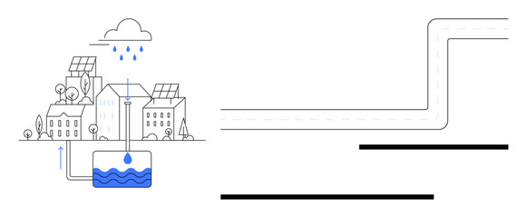 Rainwater collection from rooftops directed into a storage tank for reuse. Underground pipe network transports water efficiently. Ideal for sustainability, water conservation, eco-living, green
