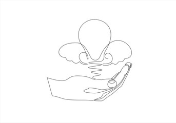 Continuous one line draw, human hand with a light bulb. Hand holds light bulb logo identity. Vector illustration. Editable stroke.