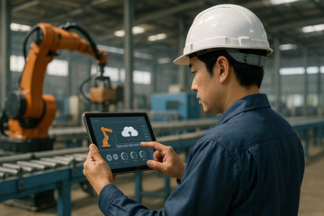 日本人作業員がライン制御をタブレットで操作するスマート製造現場