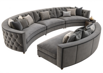 Top view of curved navy blue sofa with cushions