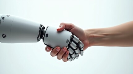 High-resolution stock photo of a harmonious moment where a human hand, trimmed fingernails, and a few wrinkles on the fingers, extends towards a robotic hand with metallic finish