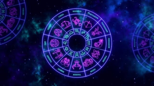 zodiac signs wheel neon lights space stars and nebula astrology animation, shiny stars night sky horoscope motion background