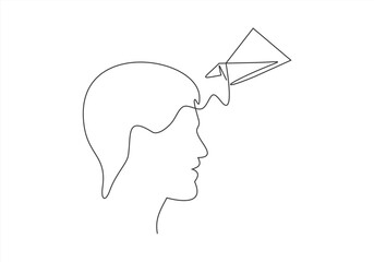 Mind and plane outline, idea in brain head of human, motion to target on airplane, continuous single one line drawing. Paper plane flying up. Power think, startup business, success. Vector 
