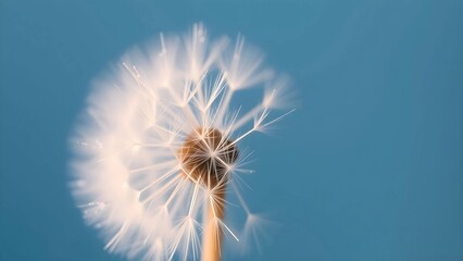 Close-Up Photo of a Delicate Dandelion Seed Head Against a Gradient Blue Background